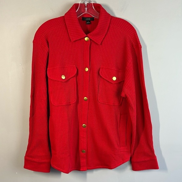 NWT J. Crew Womens Holiday Red Waffle Knit Snap Front Shacket Sz M Shirt Jacket - Picture 2 of 16